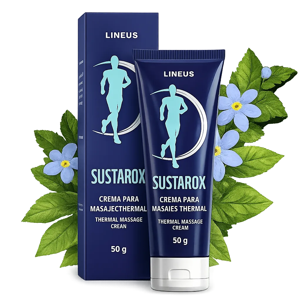 Caja azul y tubo de crema Sustarox para masajes térmicos de 50g con diseño botánico de flores azules.